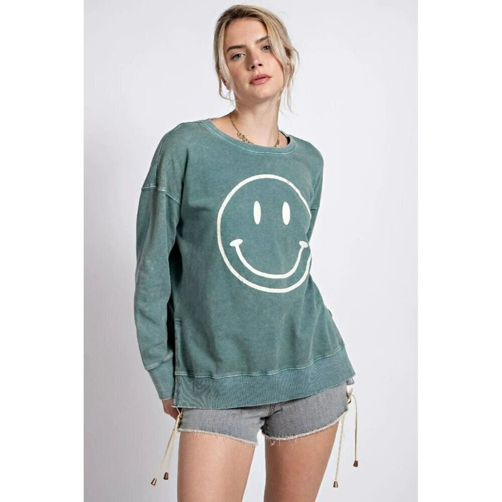 Don't Forget to Smile Mineral Wash Top in Dried Teal Green